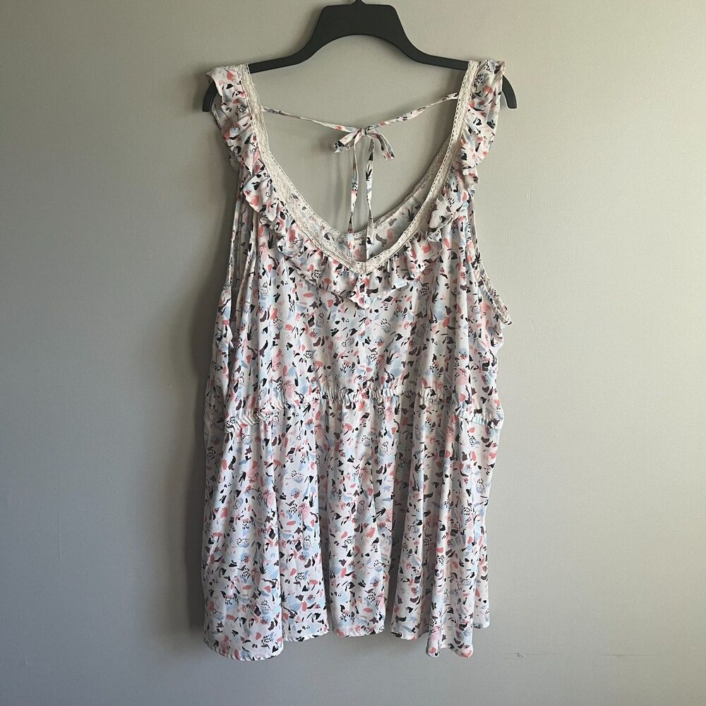 Torrid Lace-Trim Sleeveless Tunic Tank Top Size 5 Abstract Ditsy Ruffle Neckline